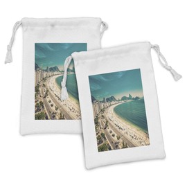 Ambesonne Vintage Beach Fabric Pouch Set of 2, Copacabana Beach Ipanema Sugar Loaf Mountain in Rio Famous World Beaches, Small Drawstring Bag for Toiletries Masks and Favors, 9" x 6", Multicolor