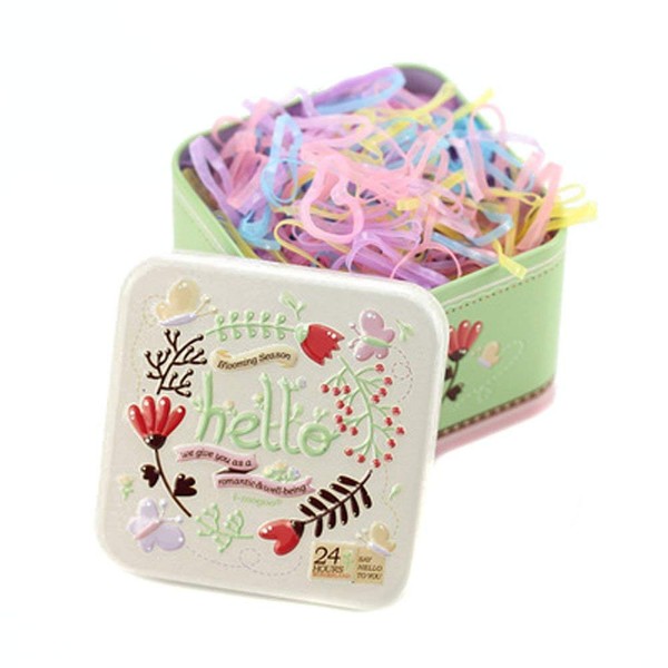 1 Box (700 Stück) Einweg-Haargummis, Pferdeschwanz-Halter, elastische Haarbänder, Haarbänder, Gummibänder mit niedlicher Blechdose für Babys, Kinder, Mädchen (Candy Farbe)