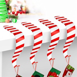 Brbecon Christmas Stocking Holders for Mantle Set 4, Lightweight Metal Stocking Hangers Adjustable Candy Cane Stocking Hooks for Fireplace Widened Non-Skid Stocking Holders for Christmas Decoration