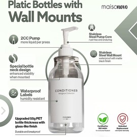 MaisoNovo Shampoo Dispenser for Shower Wall 3 Chamber - Drill Free Shower Soap Dispenser Wall Mount with Waterproof Labels | 3 Clear Plastic Bottles 3 Silver Wall Mounts