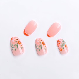 BFY Flower Press on Nails Short Almond Fake Nails, Orange Flowers Leaf French Acrylic Nails Tip, Spring Summer Nude Glossy Gel False Nails Kits Natural Fit Stick on Nails Glue 24Pcs