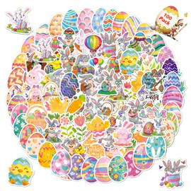 Easter Stickers, 100 Pcs Sparkly Holographic Easter Stickers for Kids, Waterproof Cute Easter Eggs Bunny Rabbit Stickers Gifts for Skateboard, Water Bottles, Cars, Bumper, Scrapbook…