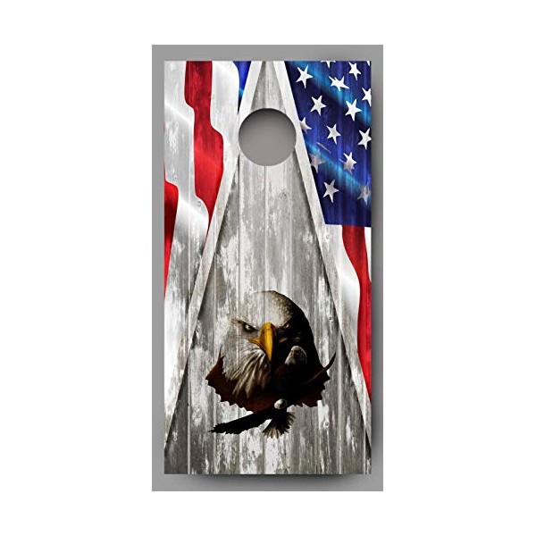 Lets Print Big Bald Multiple Eagle Combo on Wood Grain American Flag Cornhole Decal Wrap