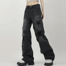 RILGOU Y2K Harajuku Style Gothic Fashion Kawaii Clothes Baggy Straight Wide Leg Vintage Embroidery Star Denim Pants M Black