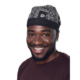 Black Paisley Zandana Tie Bandana Style Fitted Skull Cap Biker Durag Cotton Breathable Sports Hat