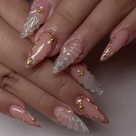 Almond Press on Nails Medium Fake Nails with 3D Seashell Designs Glue on Nails Gold Edge False Nails Ombre Glitter Glossy Acrylic Nails Full Cover Stick on Nails for Women 24 Pcs