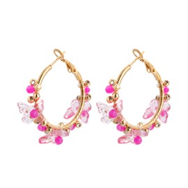 Winssigma Colorful Beaded Earrings for Women, Boho Flower Hoop Earrings(Hot Pink Butterfly)
