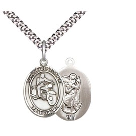 Medium Mens Oval Pewter Saint Christopher Motorcycle Medal Pendant on 24" Rhodium Plated Heavy Curb Brass Chain w/ Lobster Claw Clasp, Catholic Religious Necklace -Made in USA-Velvet Gift Box