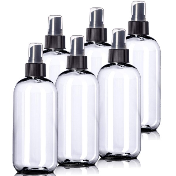 8oz Plastic Clear Bottles (6 Pack) BPA-Free Squeeze Containers with Spray Cap, Labels Included