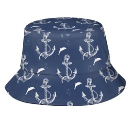 Nautical Anchor Bucket Hats Fashion Sun Cap Packable Blue Fisherman Hat for Women Men Summer Travel Hat