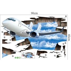 COVPAW® Wall Sticker XXL Window Aeroplane Blue Sky Wall Sticker Mural Pictures Living Room Bedroom Poster Mural Home Decor