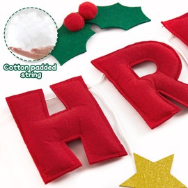 Banner de Navidad con bayas rojas y hojas, decoración de Navidad con estrellas doradas, guirnalda de Navidad de fieltro para pared, chimenea y ventana.