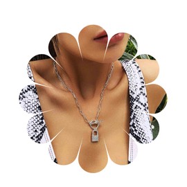 Yheakne Boho Rhinestone Lock Pendant Necklace Gold Paper Clip Chain Choker Necklace CZ Paved Padlock Necklace Circle T Bar Toggle Necklace Chain Jewellery for Women and Girls (Gold), Metal, Rhinestone