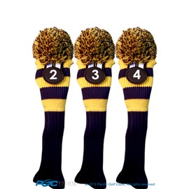Majek #2, 3, 4 Hybrid Combo Pack Rescue Utility Blue & Yellow Golf Headcover Knit Pom Pom Retro Classic Vintage Head Cover