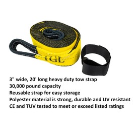 TGL 3 inch, 20 Foot Heavy Duty Tow Strap with Loops. Includes 2-Pack of 1/2 inch Recovery Soft Shackles