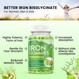 Iron Gummies with Multivitamin, Iron Supplement for Women & Men with Zinc, Vitamin B Complex & C, B12, Folate - Blood Builder & Energy Support for Adults & Kids - Green Apple & Kiwi Filled Gummies