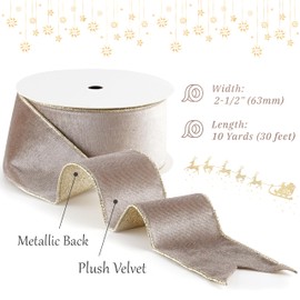 LIZLOVESS Taupe Velvet Wired Ribbon with Glitter Back 2.5 Inch Camel and Gold Christmas Ribbon Wired Taupe Ribbon for Christmas Tree, Gift Wrapping, Mantel, Wreaths Supplies, Topper Bows (10 Yards)