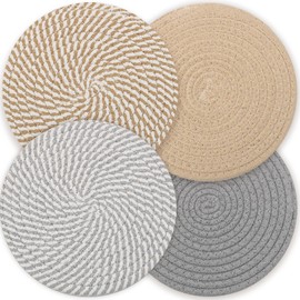 20CM Placemats Set of 4, Round Cotton Braided Woven Placemats, Heat Resistant Grey Placemats, Washbale Placemats and Coasters for Kitchen Dining Table Home Restaurant