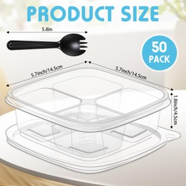 Dandat 50 Pcs Clear Plastic 4 Compartment Snack Containers Compartment Lunch Box with Lids Reusable Divided Snack Containers Clear Lunch Box with 50 Pcs Spork for School (Black)