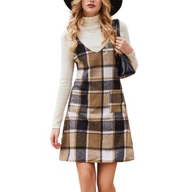 CUPSHE Fall Dresses for Women V Neck Plaid Sleeveless Wide Strpas Pockets Casual Pinafore Mini Overall Dress Khaki Plaid, M