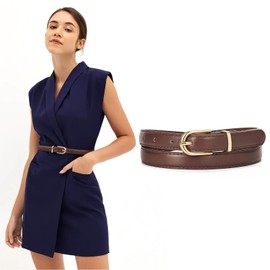 JASGOOD Womens Thin Leather Belt Skinny Faux Leather Belt for Jeans Dress with Gold Alloy Buckle,Coffee/Fit Waist Size 26-31 inch