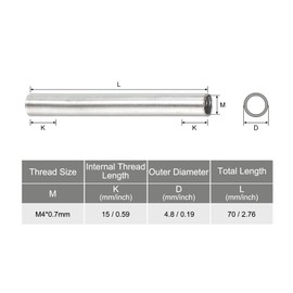 sourcing map Pack of 20 Round Coupling Nuts M4 x 0.7 mm Internal Thread 70 mm Thread Round Sleeve Connector Rod Bolt Pipe Nut Hardware Attachment Silver