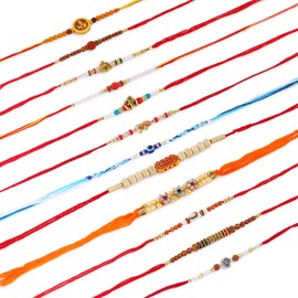 SWACRAFT Set of 12 Rakhi for Brother | Evil Eye Rakhi for Small Brother Sister| Rudraksha Rakhi for Brother Bhaiya Bhabhi | Designer Shree Rakhi for Brother | VRDUK03