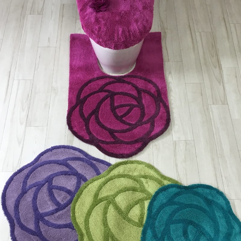 Purple Rose Motif Shaped Rose-Shaped Ear Length Toilet Mat, Rose