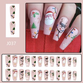 Christmas Press on Nails Long Coffin Fake Nails with Santa Claus Designs Snowflake Glue on Nails Holly Canes Elk Stick on Nails Glossy Reusable Xmas Tree False Nails for Women Winter Manicure 24pcs