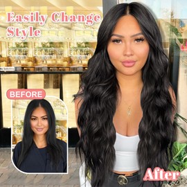 ALXNAN Clip in Long Wavy Synthetic Hair Extension 24 Inch Natural Black 4PCS Thick Hairpieces Fiber Double Weft Hair for Women