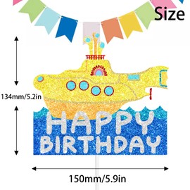 Yellow Glitter Submarine Happy Birthday Cake Decoration - a popular theme birthday party and music themed party decoration supplies - LIANGSS