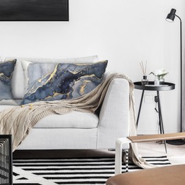 Modern Abstract Marble Blue and Gold Throw Pillow Covers 12x20 in Pillow Case Soft Outdoor Farmhouse Cushion Covers Set of 2 for Sofa Bed Bedroom Car Chair Living Room Home Decor