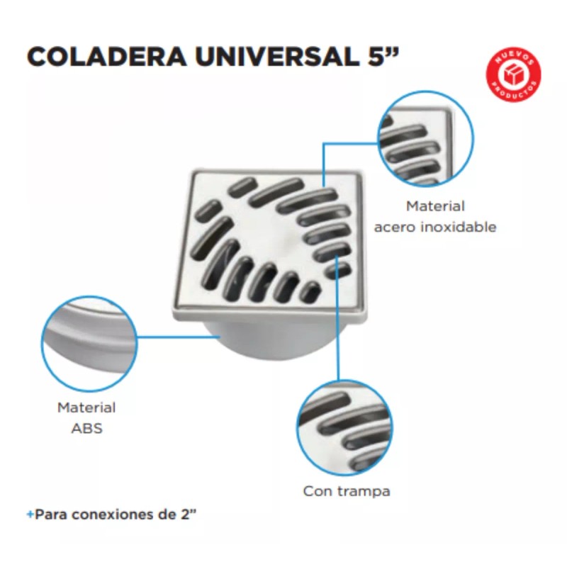 CNX Coladera Cuadrada De 5 En Ace. Inox. Cn Trampa