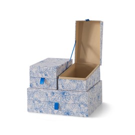 Soul & Lane Blue Floral Decorative Boxes with Hinged Lids and Blue Ribbon Pull - Sapphire Bloom, Set of 3 (One Large and Two Medium Boxes), Cardboard Storage for Photos, Documents, Keepsakes