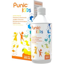 Punic Kids Jarabe Infantil 250ml Vitamina C + Vitamina D3 + Jengibre + Curcuma + Selenio + Zinc | Ingredientes 100% naturales | Delicioso sabor a mango para niños