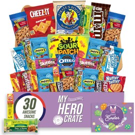Military Small Easter Snack Box (30 Piece Variety Gift Basket Care Package) Chips, Candy, Peanuts, Popcorn, Cookies, Gummy Snacks, Chocolates & More - My Hero Crate