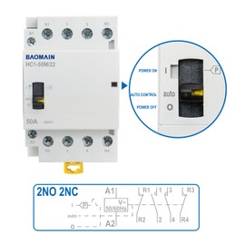 Baomain Manual Household AC Contactor 220VAC 50A 4 Pole 2NO2NC 50/60Hz Modular Contactor Circuit Manual/Automatic Control 35mm DIN Rail HC1-50M/22 (50 Amp.)