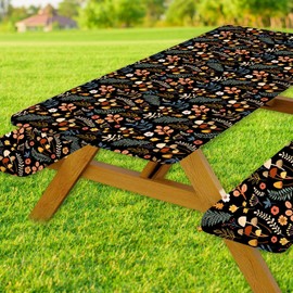 30X72 Inch 3 PCS Picnic Table Cover with Bench Cover Black Mushroom Flower,Water-Resistant Fitted Tablecloth Polyester Fabric Backing Rectangular Elastic Edged for Camping Outdoor Travel Fitted