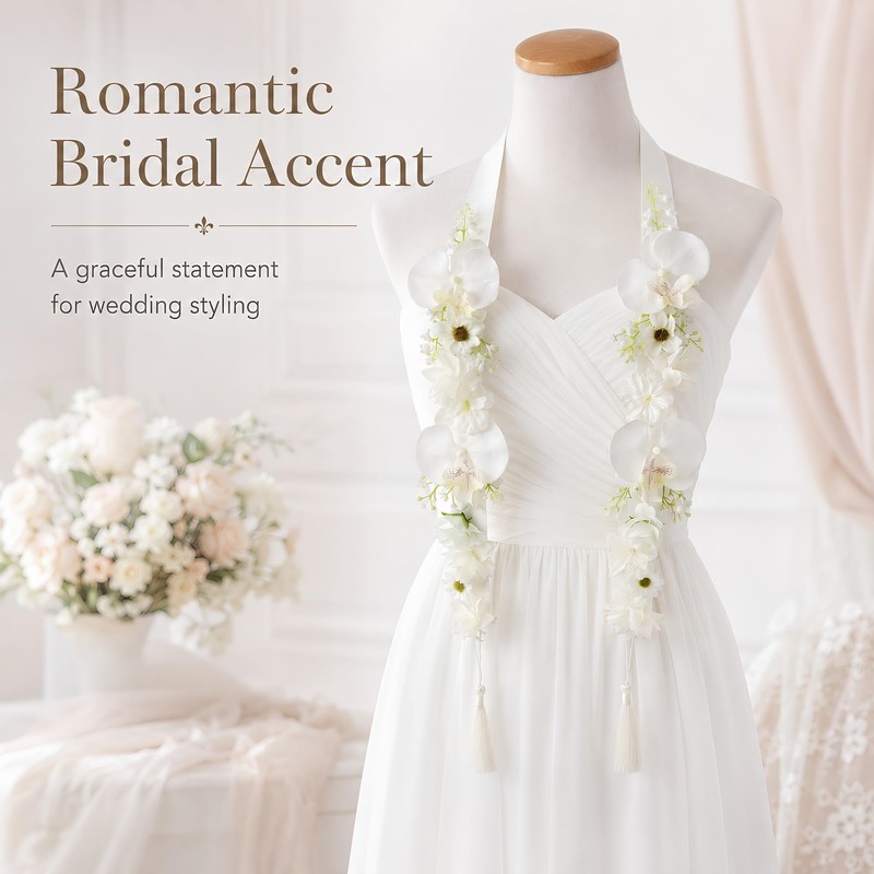 White Wedding Floral Ribbon Garland Hanging Decoration for Bridal Ceremony,