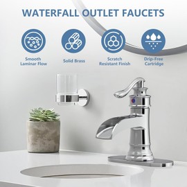 Homevacious Bathroom Faucet Waterfall Sink Faucets Bath Chrome Single Handle Farmhouse Sink Vanity 1 Hole or 3 Hole Basin Mixer Tap Lavatory Faucet with Deck Plate - Polished Chrome
