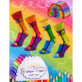 Rainbow Socks - Unisex Women's Men's Colouring Pencil Socks in Rainbow Packaging - For Her, for Him - Rainbow Socks for Gift - 2 Pairs, 1 x crayon socks