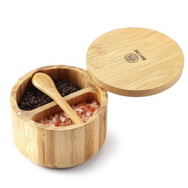 8SOM Bamboo Salt and Pepper Box with Swivel Lid, Embedded Spoon, Magnetic Closure Lid to keep the dust out, Salt Cellar Bowl Container to Storage Pepper Spice Herb Sea Salt, Dual 5 Oz Capacity