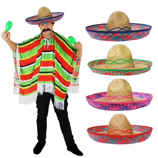 Mexican Multi Coloured Poncho + Sombrero Perfect for Any Adults Fancy Dress Party for Men or Women - Sombreros - Blue