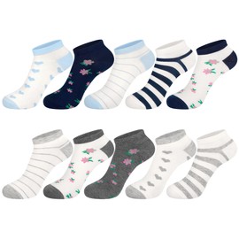 10 Pairs Trainer Ankle Socks for Women Sneakers Socks with Multi Stripe Dot and Heart Patterns Perfect Gifts for Ladies, Gray mixed color, one size