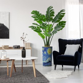 Artificial Tree in Modern Starry Night Planter, Fake Monstera Silk Tree for Indoor and Outdoor Home Decoration - 65" Overall Tall (Plant Pot Plus Tree)