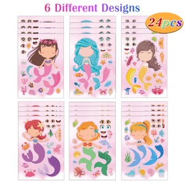 24 Sheets Mermaid Make a Face Sticker Sheets for Kids Todders Activities, Make Your Own Stickers for Kids Birthday Party Favor Supplies Craft