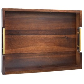 Joy&Grace Acacia Wooden Serving Tray with Metal Handles 16.7 x 12.8 inch Decorative Ottoman Tray for Living Room Coffee Table Large (Color Brown)