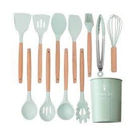 Silicone Cooking Utensils Kitchen Utensil Set, 12 PCS Wooden Handle Nontoxic BPA Free Silicone Spoon Spatula Turner Tongs Kitchen Gadgets Utensil Set for Nonstick Cookware with Holder (Light Green)