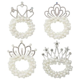 Honbay 4PCS Princess Hair Ropes Faux Pearl Elastic Hair Bands Hair Rings Sparkling Rhinestones Crown Hair Ties Star Heart Lotus Shaped Ponytail Holders White Beads Scrunchies Beaded Hair Accessories
