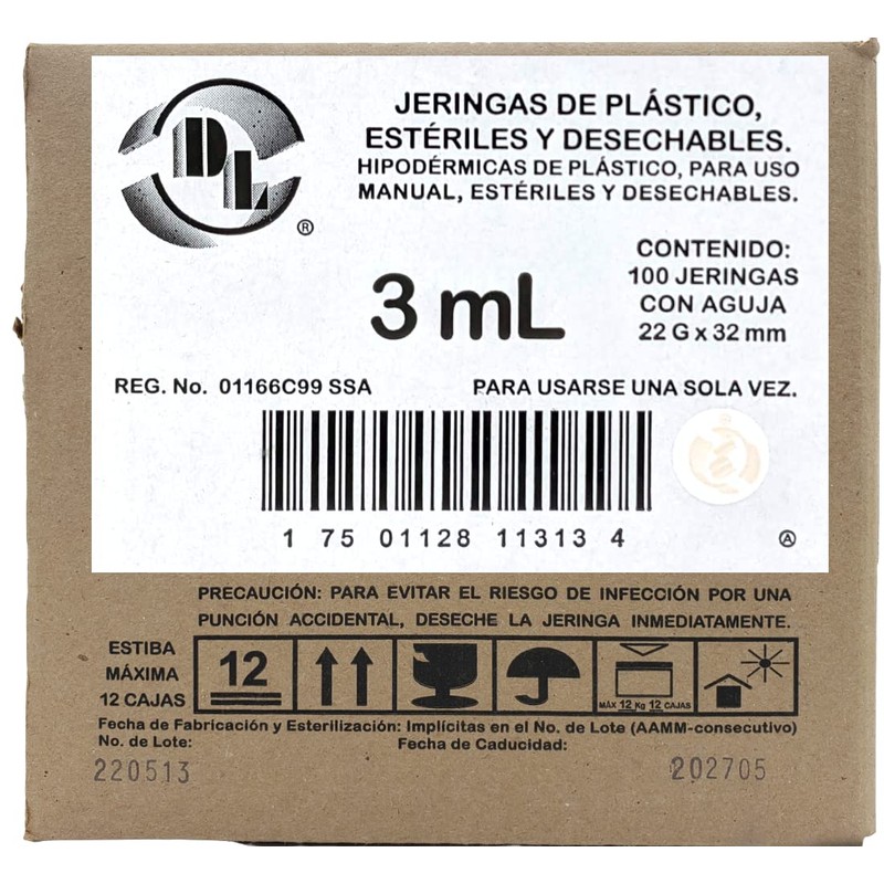 DL Caja De 100 Jeringas 3 mL Con Aguja 22